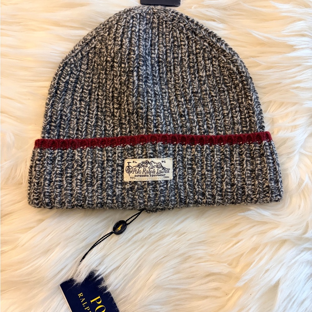 Polo Ralph Lauren Gray Knit Beanie with Red Stripe